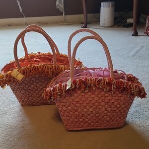 Straw Studios NWT Pink & Orange Woven Straw Totes With Button Trim